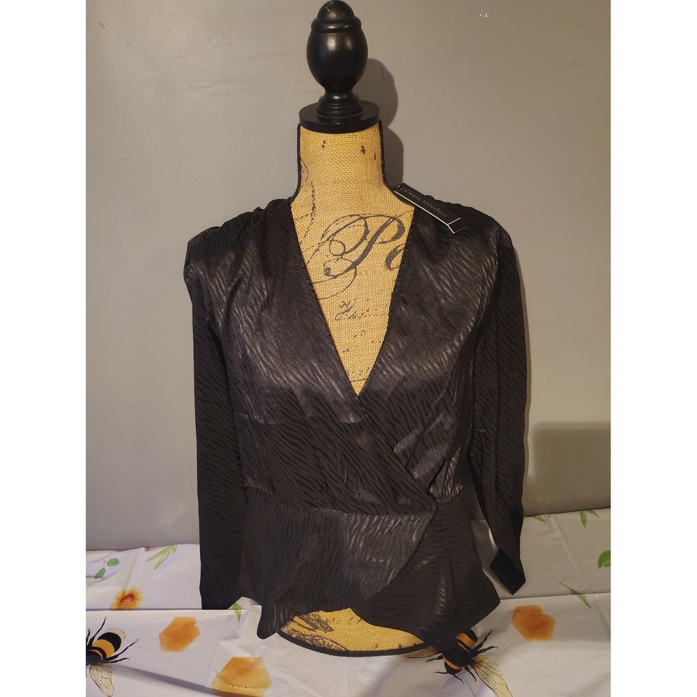Catherine Malandrino Black Zebra Jacquard Wrap Blouse V-Neck Peplum Top NWT M